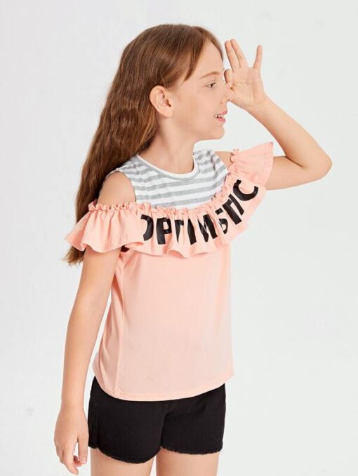 SHEIN Girls Striped Letter Graphic Ruffle Detail Tee - Image 4