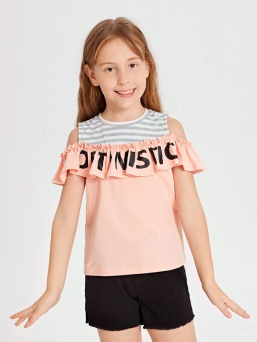 SHEIN Girls Striped Letter Graphic Ruffle Detail Tee