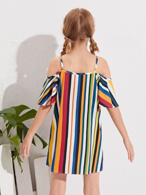 SHEIN Girls Striped Print Cold Shoulder Dress - Image 2