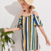 SHEIN Girls Striped Print Cold Shoulder Dress