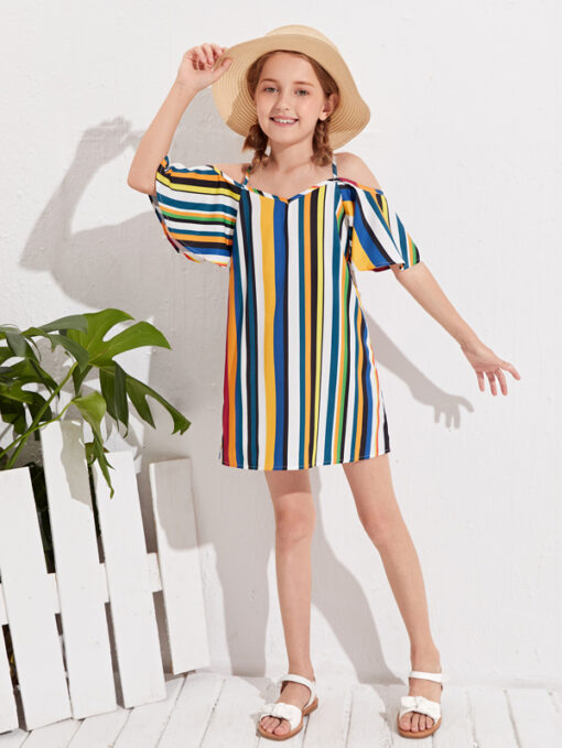 SHEIN Girls Striped Print Cold Shoulder Dress - Image 3