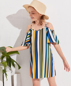 SHEIN Girls Striped Print Cold Shoulder Dress