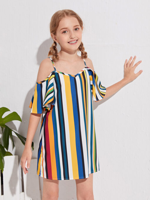 SHEIN Girls Striped Print Cold Shoulder Dress - Image 4