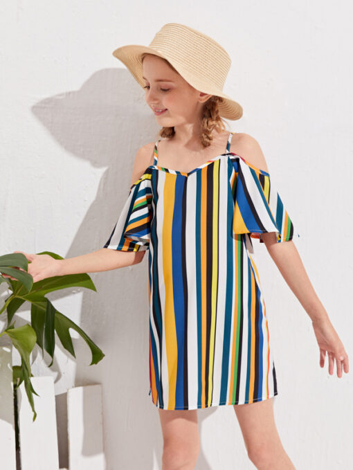 SHEIN Girls Striped Print Cold Shoulder Dress