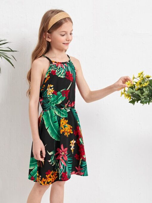 SHEIN Girls Tropical Print Zip Back Cami Dress