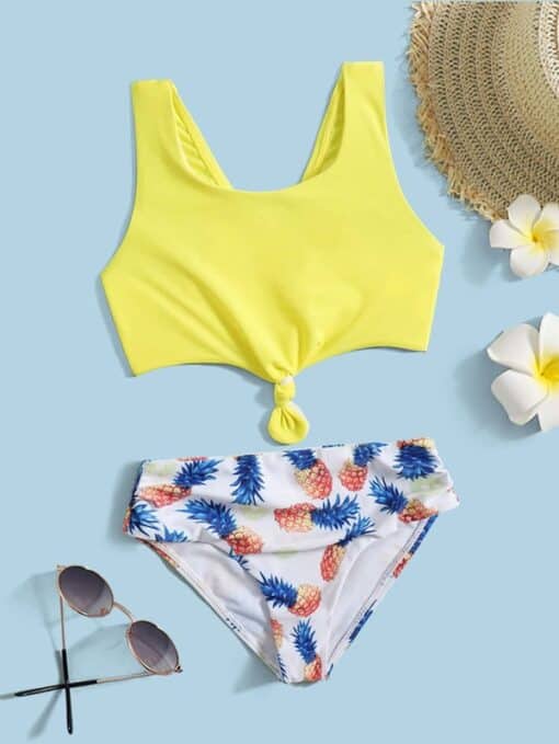 SHEIN Toddler Girls Pineapple Print Knot Hem Bikini Swimsuit
