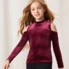 SHEIN Girls Cold Shoulder Mock Neck Velvet Tee