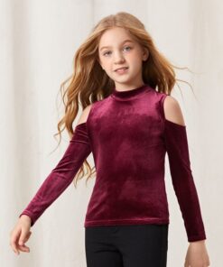 SHEIN Girls Cold Shoulder Mock Neck Velvet Tee