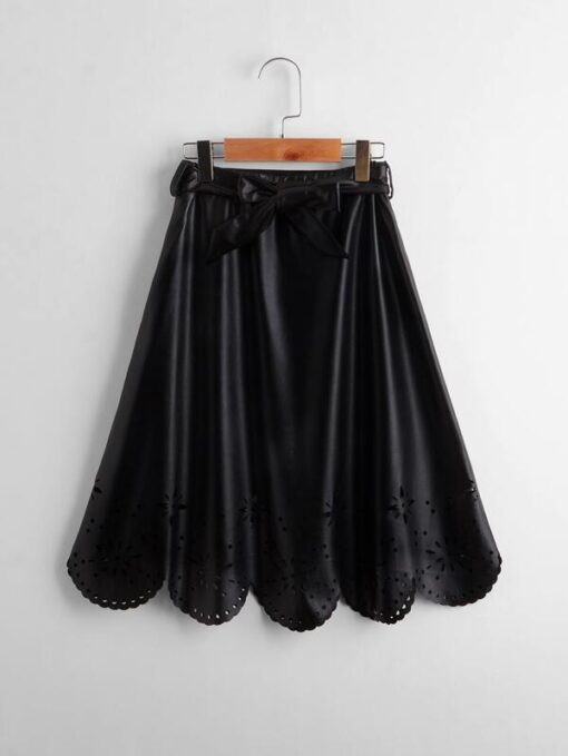 SHEIN Girls Laser Cut Out Belted PU Skirt