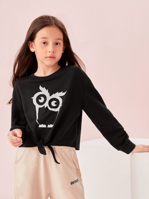 SHEIN Girls Reflective Owl Print Tie Hem Pullover - Image 3