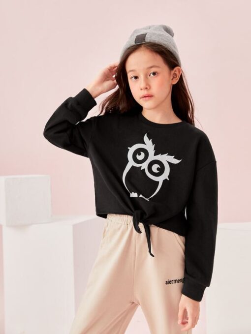 SHEIN Girls Reflective Owl Print Tie Hem Pullover - Image 2