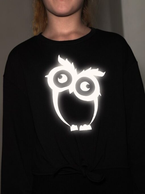 SHEIN Girls Reflective Owl Print Tie Hem Pullover