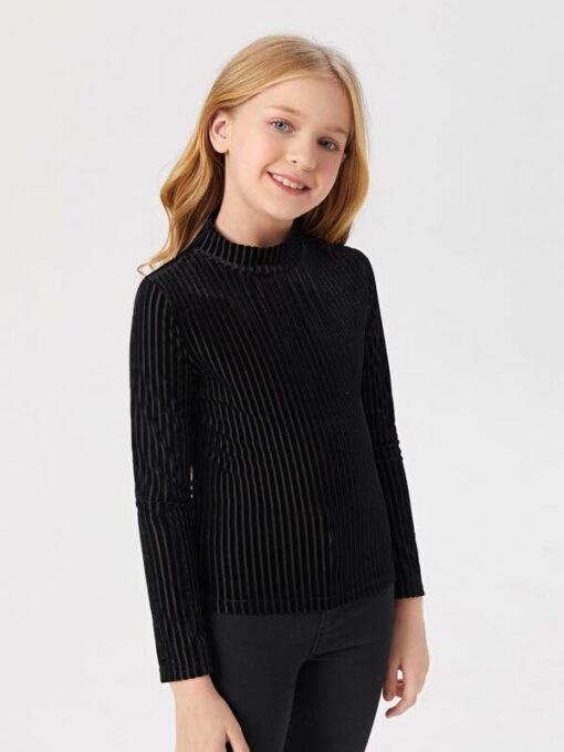 SHEIN Girls Stand Neck Velvet Fitted Tee - Image 3