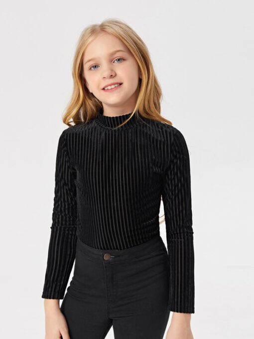 SHEIN Girls Stand Neck Velvet Fitted Tee - Image 2