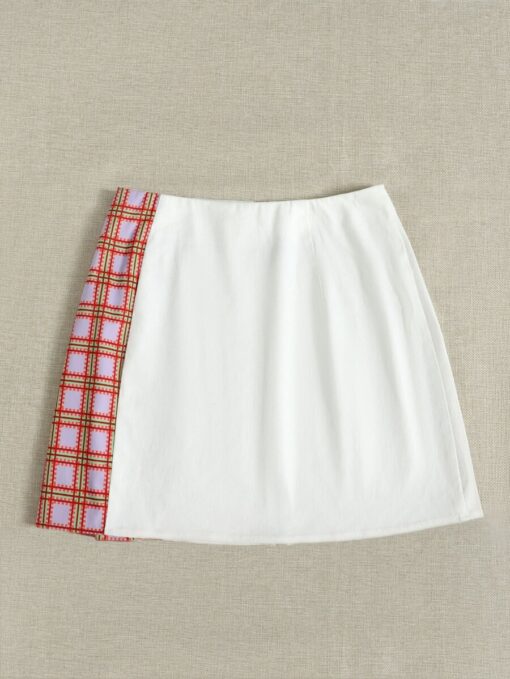 SHEIN Plaid Spliced Zip Up Patch Detail Skirt - Image 2