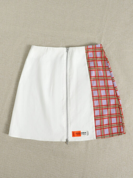 SHEIN Plaid Spliced Zip Up Patch Detail Skirt - Image 4