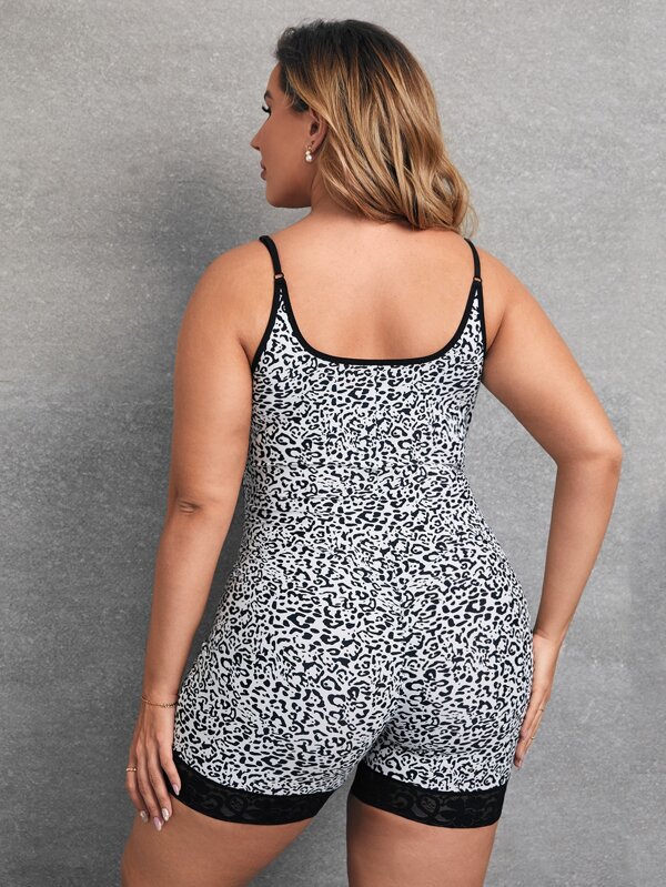 SHEIN Plus Leopard Contrast Mesh Shapewear Bodysuit - Pink Shop