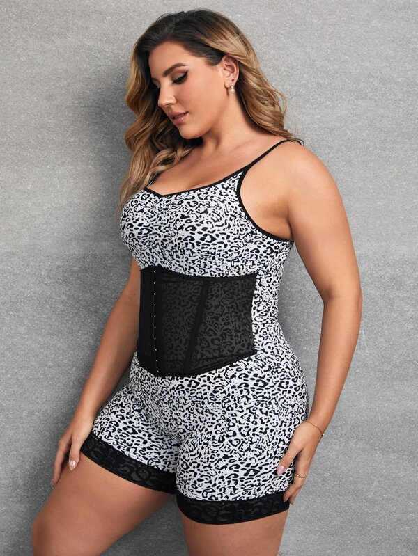 SHEIN Plus Leopard Contrast Mesh Shapewear Bodysuit