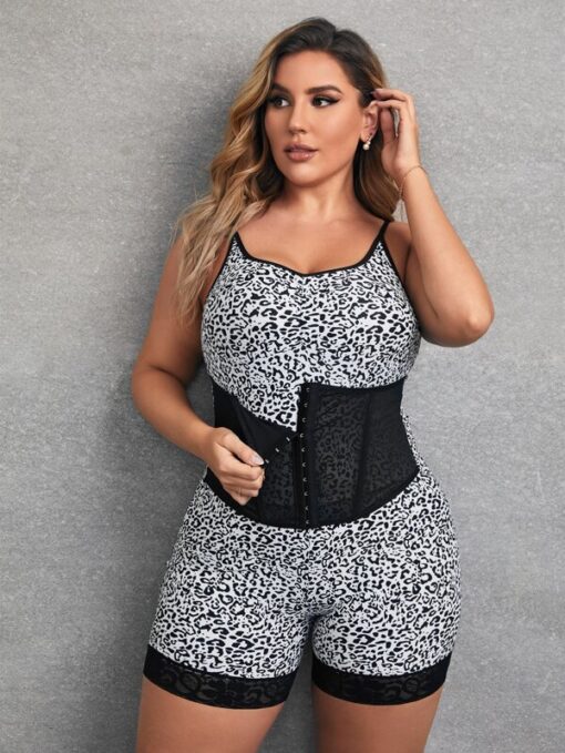 SHEIN Plus Leopard Contrast Mesh Shapewear Bodysuit