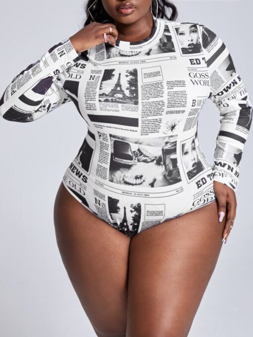 SHEIN Plus Newspaper Print Crew Neck Bodysuit