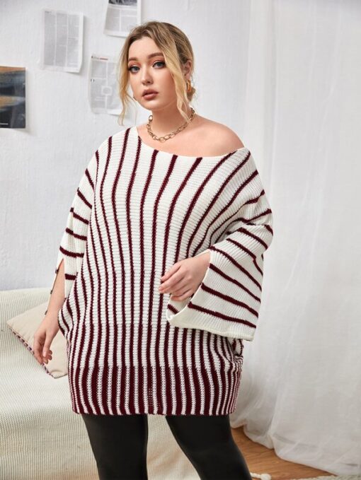 SHEIN Plus Striped Pattern Batwing Sleeve Sweater - Image 3