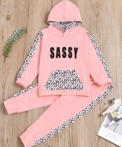 SHEIN Toddler Girls Letter Graphic Hoodie With Contrast Sideseam Joggers