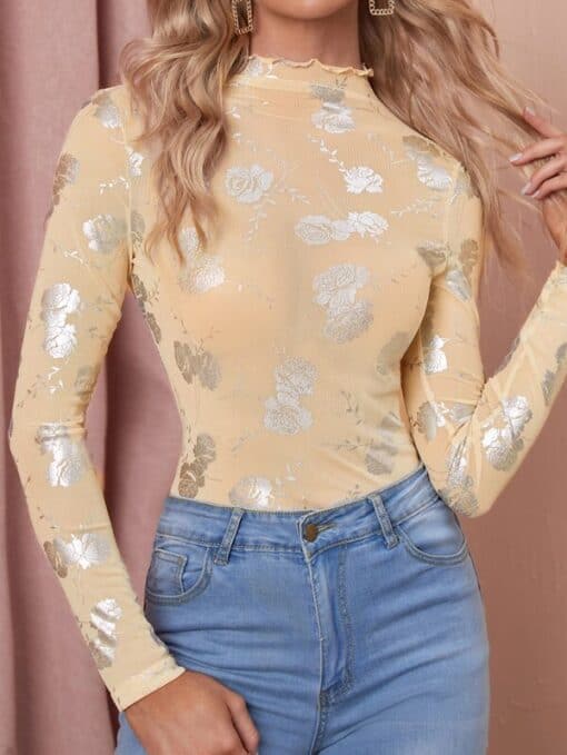 Shein Floral Print Mock Neck Top Without Bra