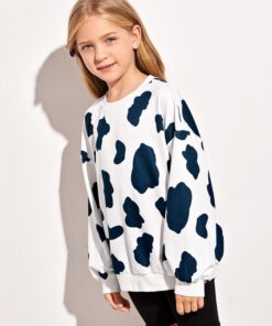 SHEIN Girls Drop Shoulder Cow Print Pullover