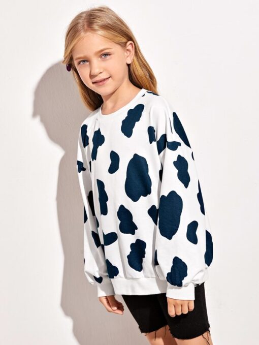 SHEIN Girls Drop Shoulder Cow Print Pullover