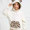SHEIN Girls Leopard Print 3D Ear Patched Fleece Hoodie