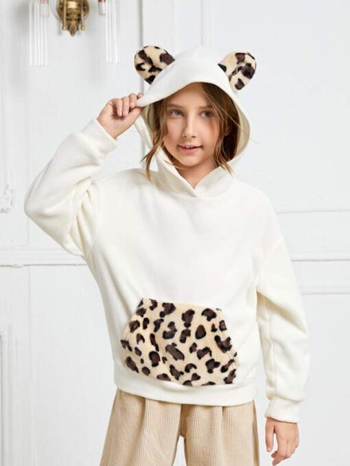 SHEIN Girls Leopard Print 3D Ear Patched Fleece Hoodie