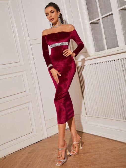 SHEIN Off Shoulder Contrast Sequin Panel Velvet Dress - Image 3