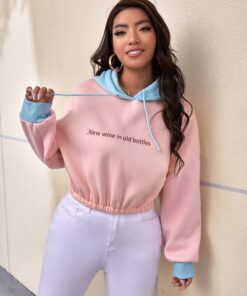 SHEIN Plus Colorblock Slogan Graphic Drawstring Hoodie