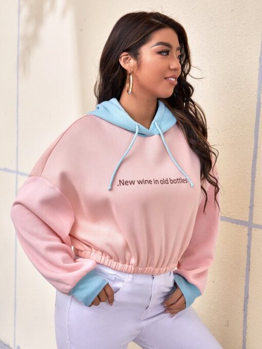 SHEIN Plus Colorblock Slogan Graphic Drawstring Hoodie - Image 2