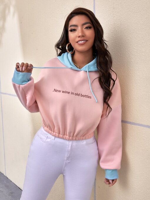 SHEIN Plus Colorblock Slogan Graphic Drawstring Hoodie