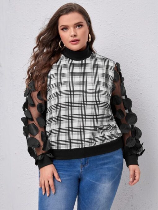 SHEIN Plus Plaid Applique Mesh Sleeve Sweatshirt - Image 2
