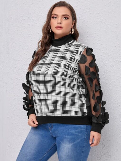 SHEIN Plus Plaid Applique Mesh Sleeve Sweatshirt - Image 3