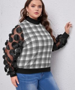 SHEIN Plus Plaid Applique Mesh Sleeve Sweatshirt