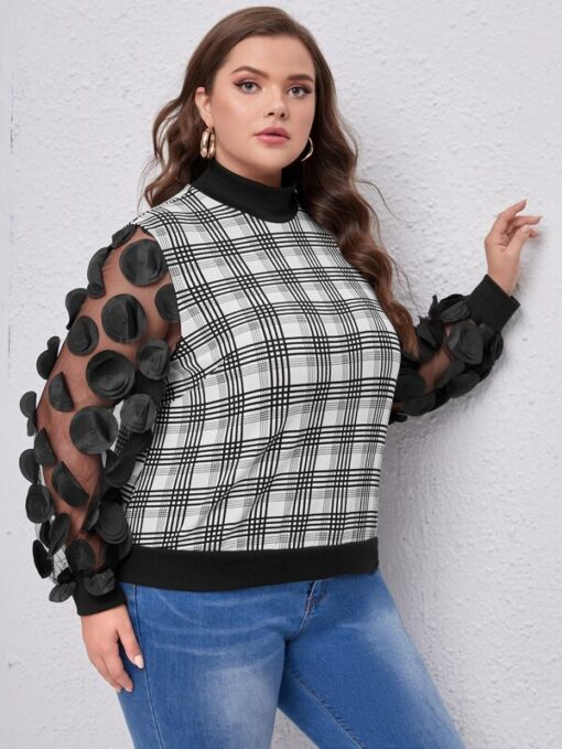 SHEIN Plus Plaid Applique Mesh Sleeve Sweatshirt