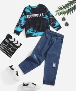 SHEIN Toddler Boys Tie Dye Letter Graphic Pullover & Ripped Jeans