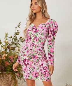 SHEIN Allover Floral Print Gigot Sleeve Ruched Dress