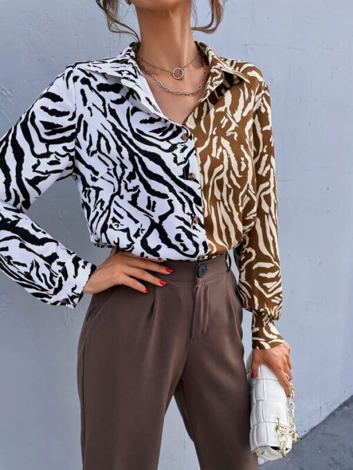 Shein Colorblock Zebra Striped Button Up Blouse - Image 4