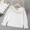 Shein Girls Contrast Embroidered Mesh Keyhole Back Flounce Sleeve Top
