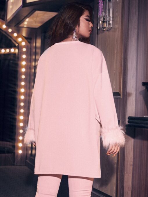 Shein Plus Drop Shoulder Fuzzy Cuff Split Hem Dress Without Belt - Image 2