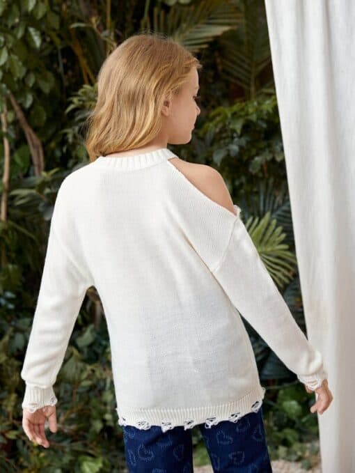 SHEIN Girls Cold Shoulder Ripped Raw Hem Sweater - Image 4