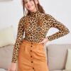 SHEIN Teen Girls Leopard High Neck Top & Button Fly Skirt