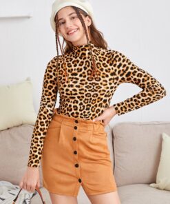 SHEIN Teen Girls Leopard High Neck Top & Button Fly Skirt