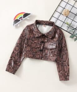 SHEIN Toddler Girls Snake Skin Print Flap Pocket PU Leather Jacket