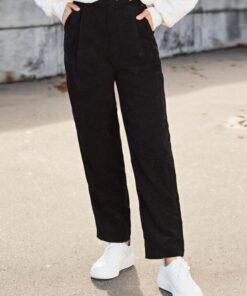 SHEIN Grommet Belted Corduroy Straight Leg Pants