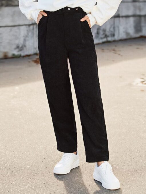 SHEIN Grommet Belted Corduroy Straight Leg Pants